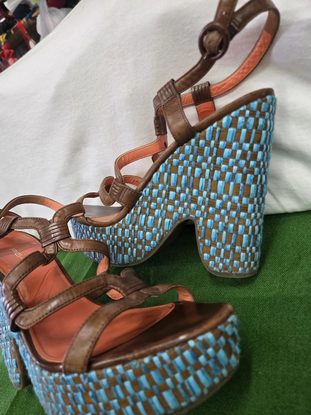 Via Spiga Brown Leather Strappy Platforms with Turquoise Woven Heel